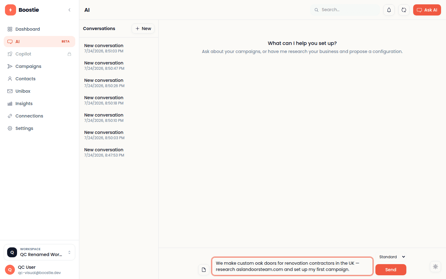 The Boostie AI agent chat, with a business description typed into the message box