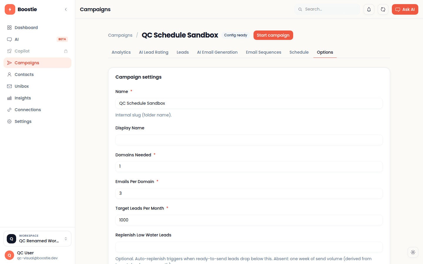 Campaign settings forms in Boostie, editable by hand, holding the AI-proposed configuration