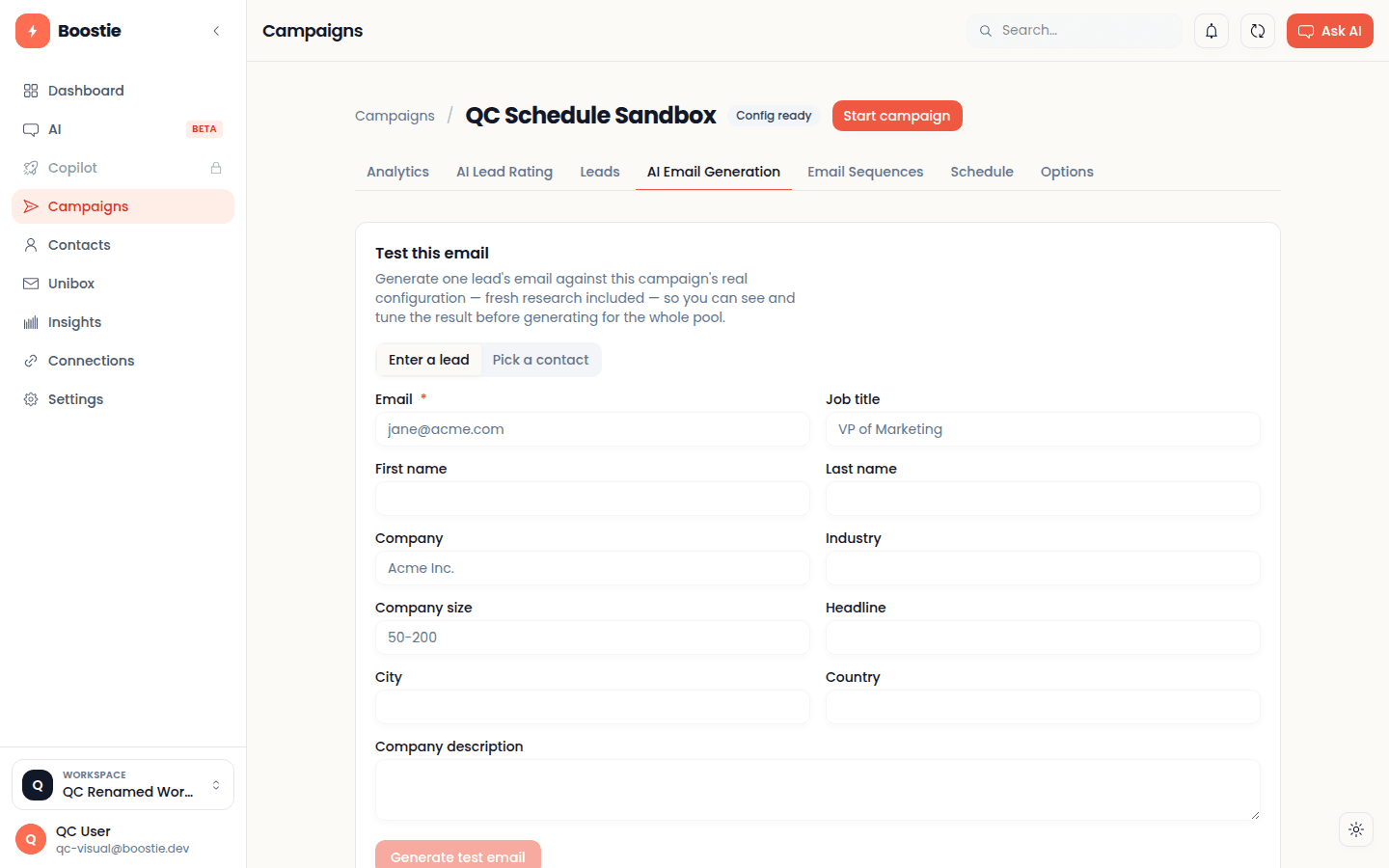 The AI Email Generation tab with the test-this-email panel — fresh research included