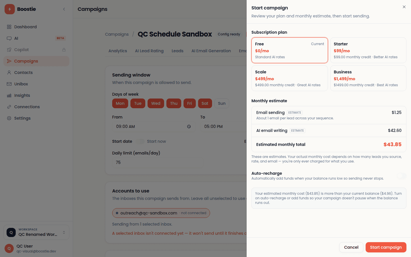 The Start Campaign confirmation: subscription plan choice, itemized monthly estimate, and auto-recharge settings