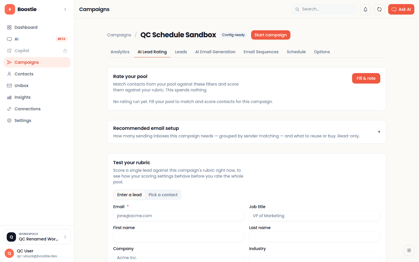 The AI Lead Rating tab: rate your pool, recommended email setup, and a test-your-rubric panel